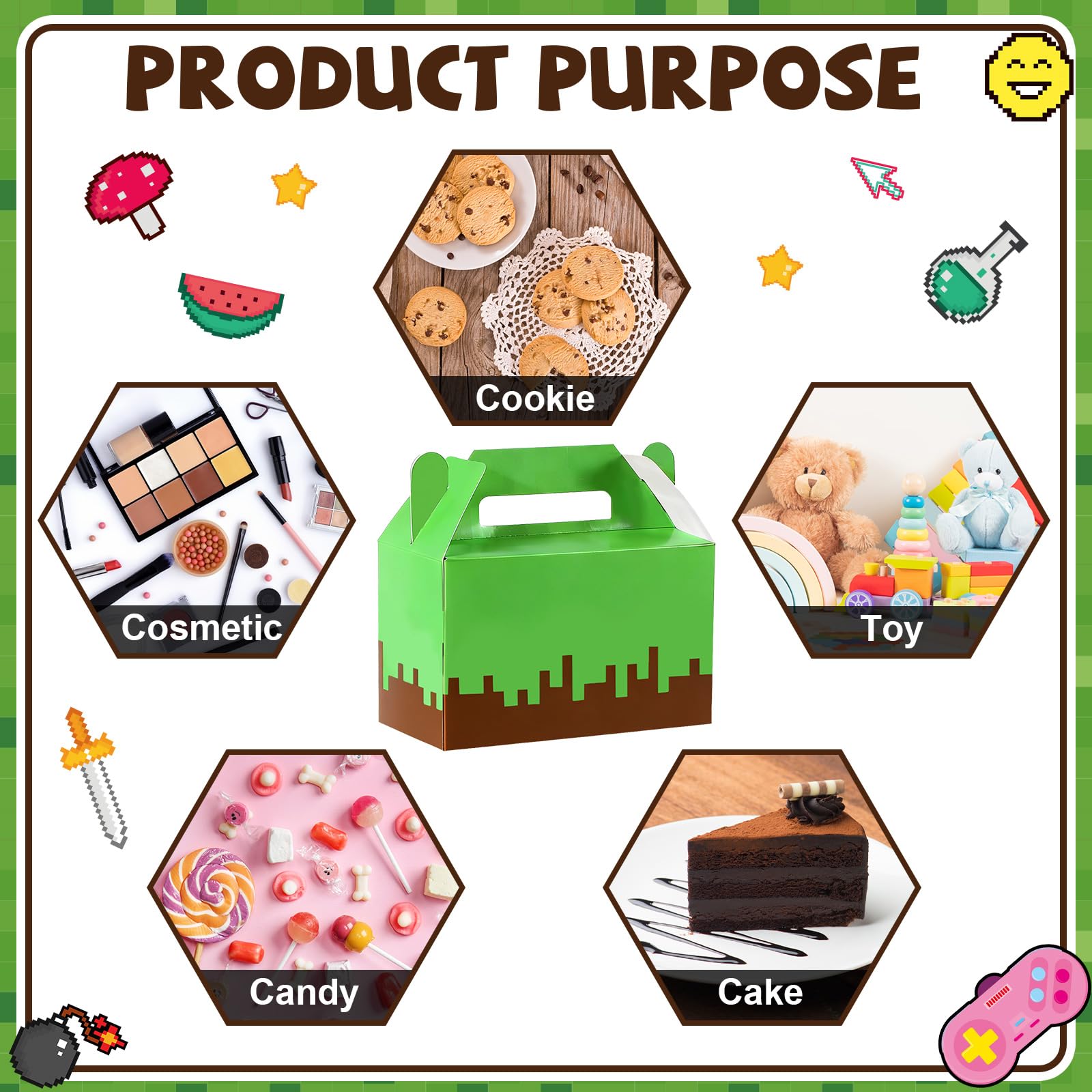 12Pcs Pixel Party Favors Gift Boxes Pixel Paper Treat Boxes Bulk Mining Themed Green Brown Video Game Birthday Goodie Candy Box for Kids Gamer Birthday Supplies Pixelated Party Baby Shower Decoration