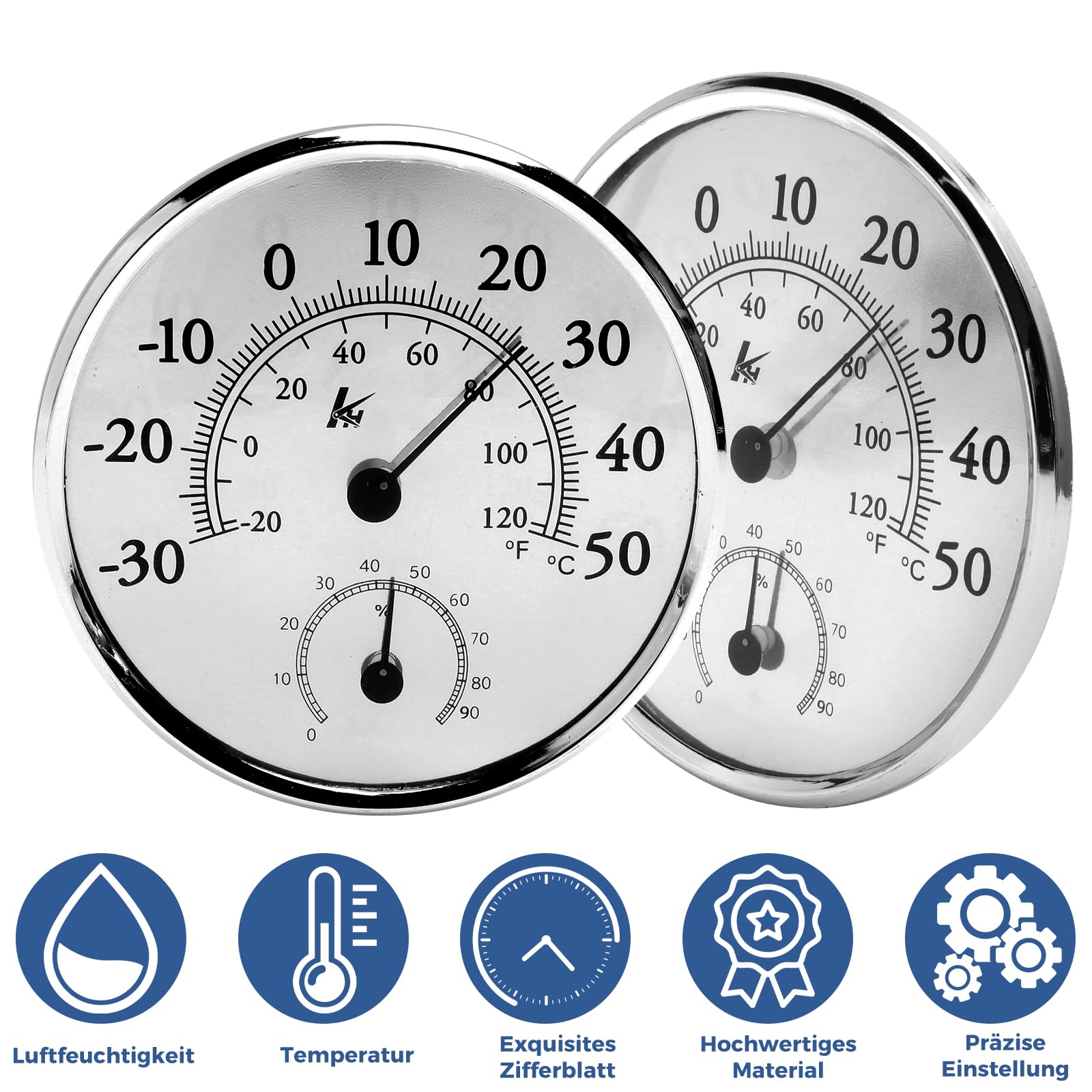Termometro Igrometro Analogico Set da 2 – Misurazione Precisa Temperatura e Umidità Interno Esterno Senza Batterie Grande Quadrante 13 cm da Tavolo o Parete
