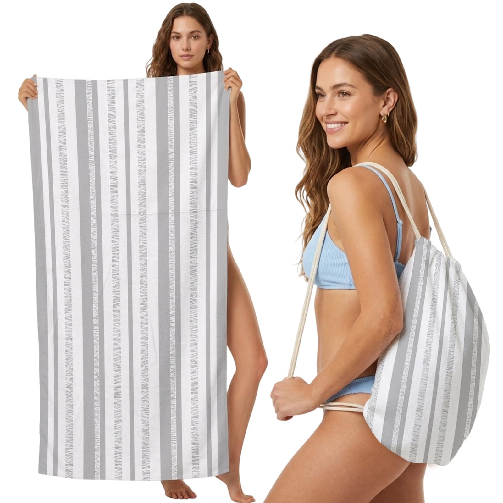 Beach Towel Bag 2 in 1 Grey Vertical Stripes Bath Pool Towels Backpack Mixed Width Striped Absorbent Beach Towel Soft Quick Dry Lightweight Packable Towels Drawstring Bag for Travel Sports Yoga