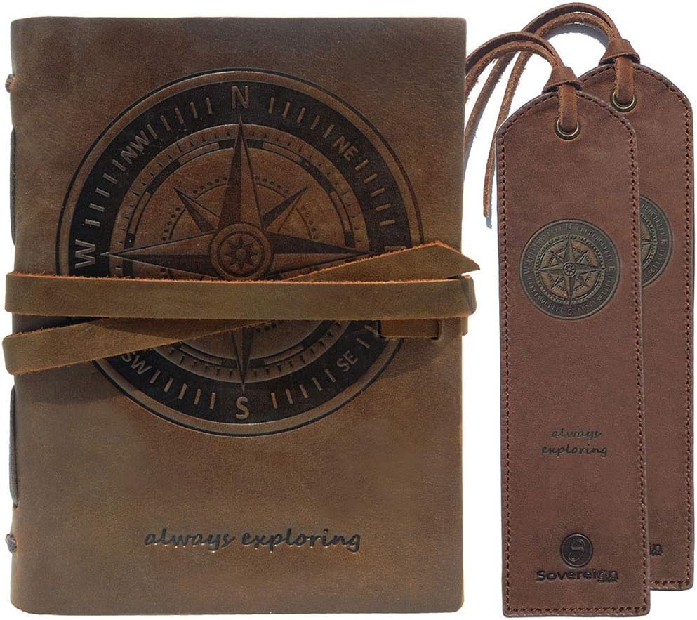 Leather Journal Nautical Compass Notebook Embossed Handmade Travel Diary A5 8x6" + 2 Pack Matching Leather Bookmarks - Perfect for Men Women and Kids | Leather Gifts for Bookworms Writers and Friends
