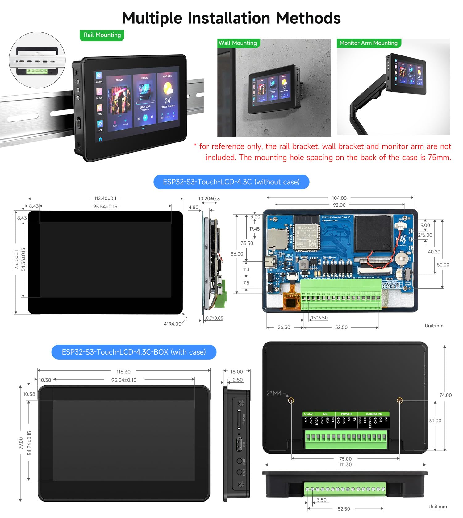 Waveshare ESP32-S3 4.3inch AI Voice Touch Display Development Board with Case, 800 x 480 Resolution, 5-Point Touch, Dual-Mic Array, Supports 2.4GHz Wi-Fi & BLE 5