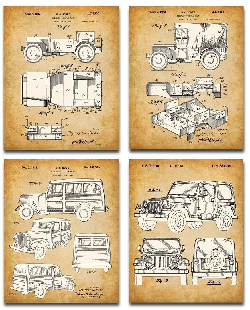 Original Jeep Patent Art Prints - Jeep Gifts for Men Set of Four Photos (8x10) Unframed - Great Man Cave Decor and Gift Under $20 for Jeep Enthusiasts