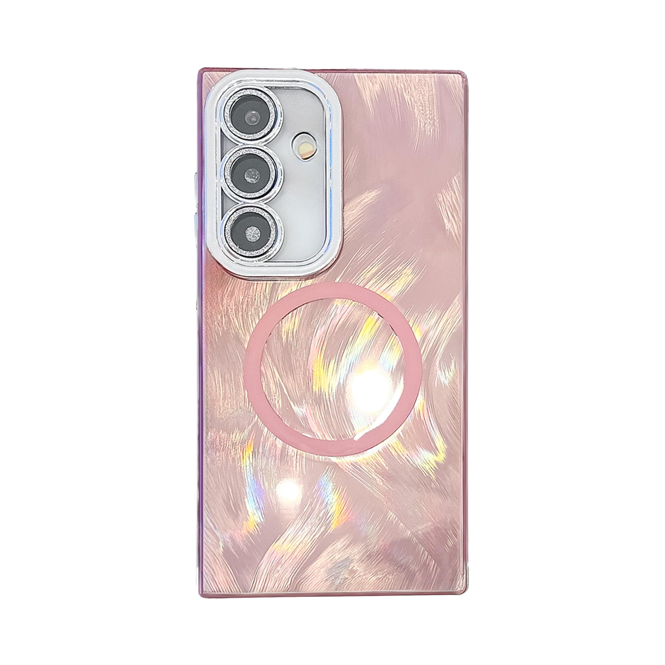 Tuokiou Magnetic for Samsung Galaxy S25 Case Holographic,Luxury Iridescent Glitter Silver Laser Plumage Design Phone Case for Women Girls (Rose Gold,