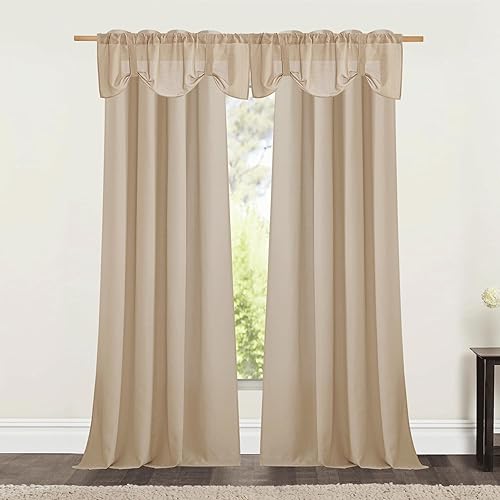 NICETOWN 2 paneles de cortinas de lino con ojales de 55 x 120 pulgadas con 4 paneles de 52 x 18 pulgadas, cenefa de lino con lazo, angora
