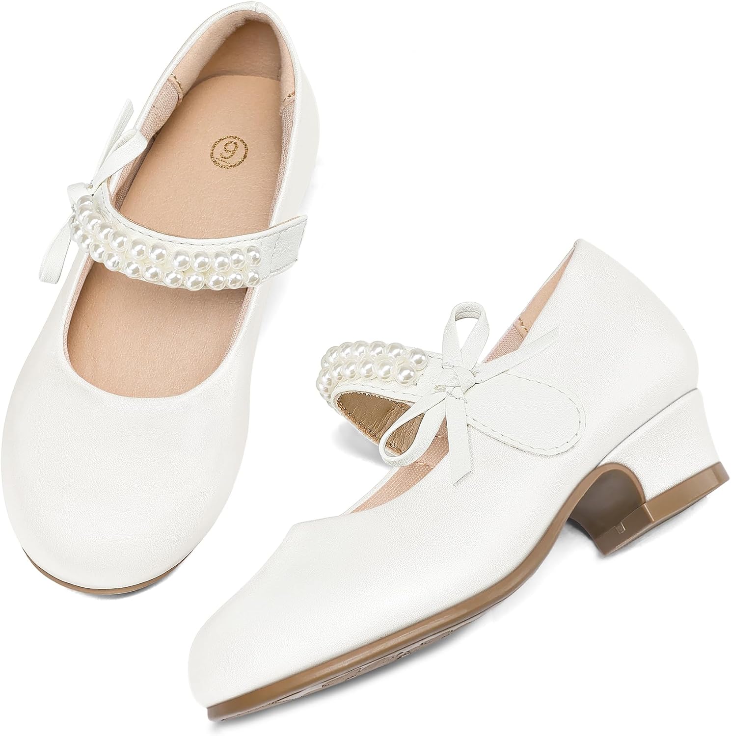 K KomForme Girls Dress Shoes Low Heels Pumps Princess Mary Jane with Pearl and Bow for Wedding Party (Toddler/Little/Big Kids) - Image 5