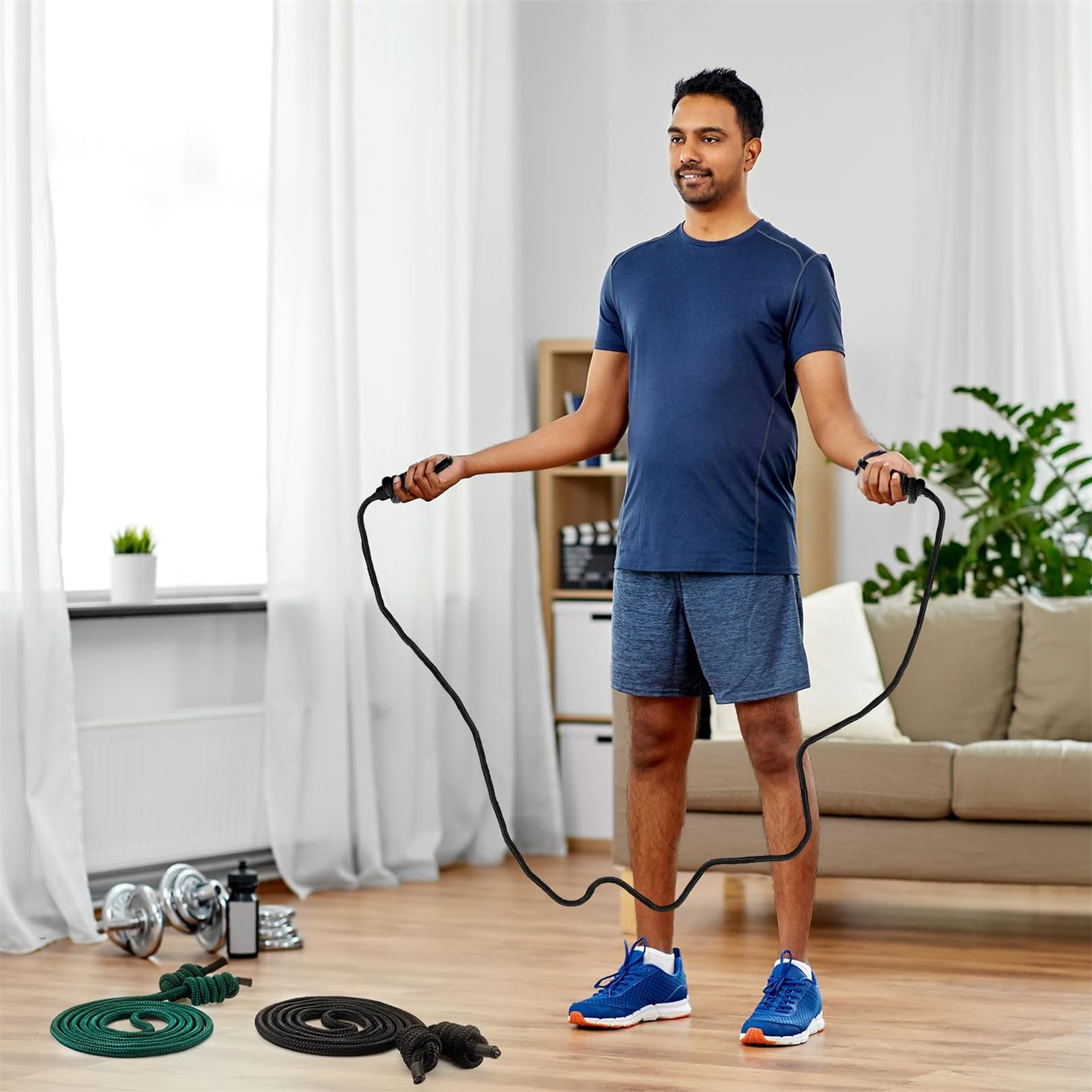 Flow Übungsseil für Fitness, Fluss, doppelt geflochtenes Trainingsseil mit 2 Stoffbeuteln, verstellbare Länge, Springseile für Training, Männer, Frauen, Zuhause, Fitnessstudio, Training, drinnen und
