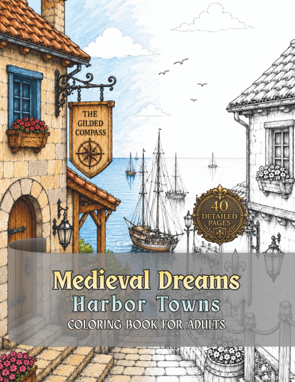 Medieval Dreams Harbor Towns: Coloring Book for Adults (Grayscale Medieval Dreams)