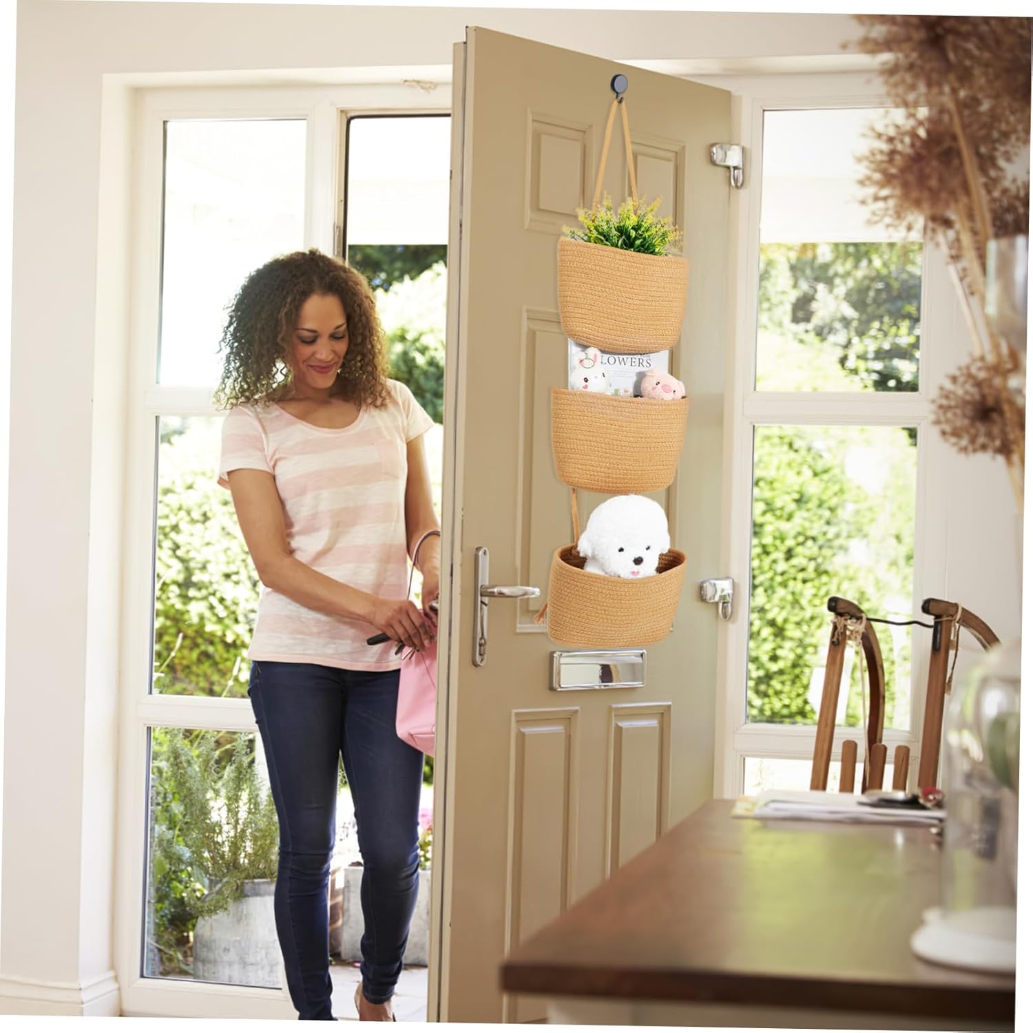 Woven Hanging Basket for Storage Rope Wall Baskets for Organizing Easy Installation Over Door Stylish Storage for Kitchen Bathroom and Bedroom