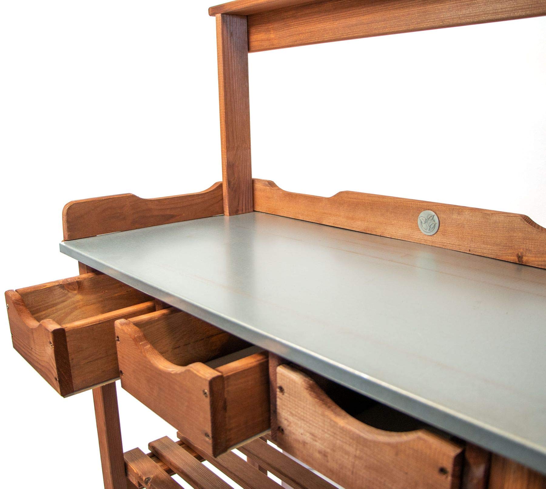 mgc24® Table de plantation galvanisée 78x38x112 cm pin foncé, étagère, 3 tiroirs, 3 crochets, barre sup., jardin/balcon/terrasse