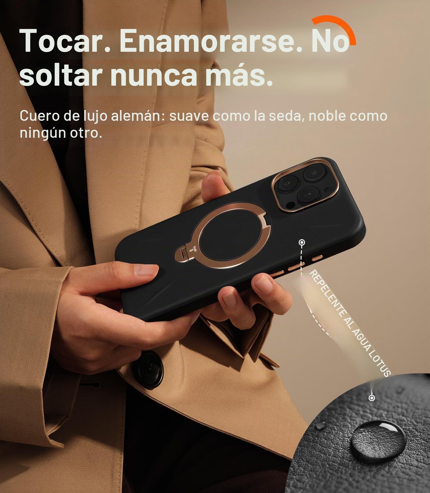 TORRAS Ostand Q3 VegSkin - Funda para iPhone 16 Pro Max (piel de silicona sostenible) (soporte magnético invisible 360°), tacto premium, duradera, funda iPhone 16 Pro Max Case noble estructura de piel