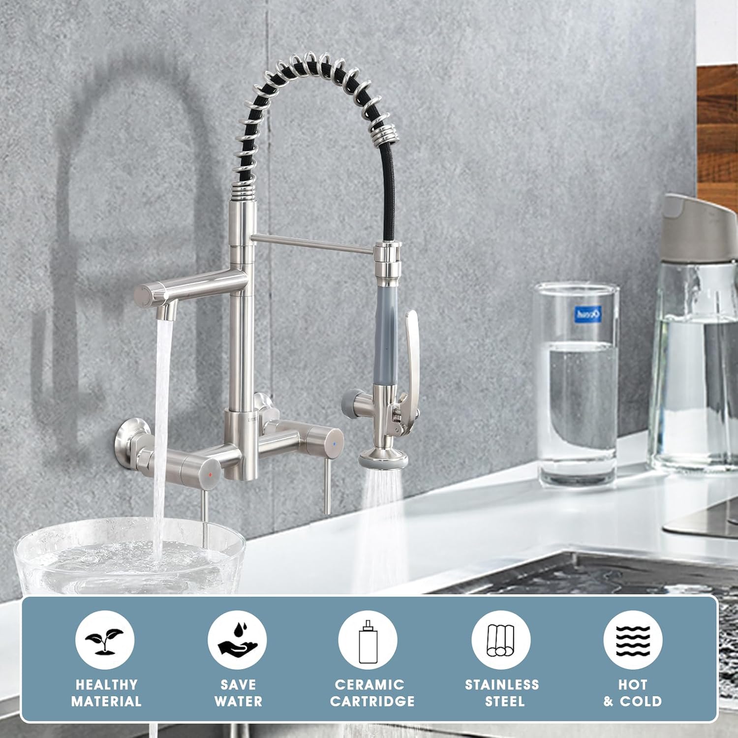 Wall Mount Kitchen Faucet with Pull Down Sprayer, 8 Inch Center Kitchen Sink Faucet, Heavy-Duty Commercial Wall Mount Faucets, 2 Handle Faucet for Kitchen Sink, Brushed Nickel