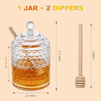 9 oz Clear Crystal Glass Honey Pot with 2 Dipper Sticks - No Drip Honey Dispenser Jar with Lid, Syrup Honey Container for Home Kitchen Storage Holder