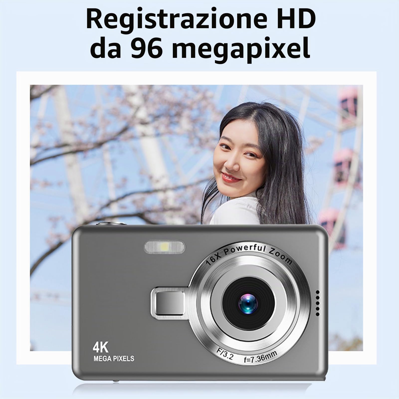 Fotocamera Digitale 4K 96MP 1080P Compatta Portabile, Fotocamera 2.4 Pollici con Zoom Digitale 16X, Autofocus, Anti-Shake, Fotocamera per Vlogging per Bambini, Regalo di Compleanno per Ragazzi e
