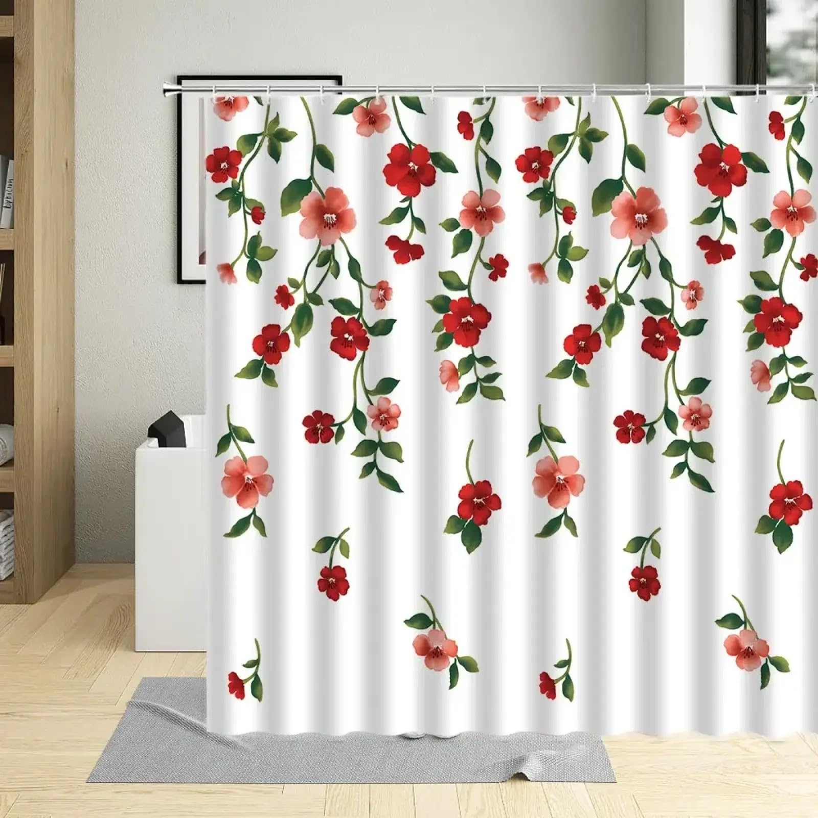 Rideau de douche à fleurs roses imperméable en polyester 143x183cm avec crochets pour salle de bain