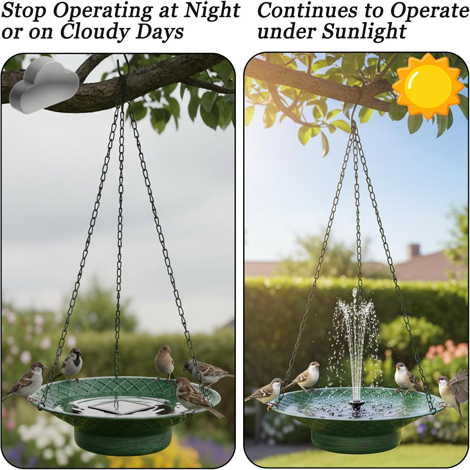 Hanging Bird Bath with Solar Fountain, 12.6" Solar Powered Bird Bath, Metal Hummingbird Fountain Bird Bath for Garden, Patio, Lawn Decor, Green