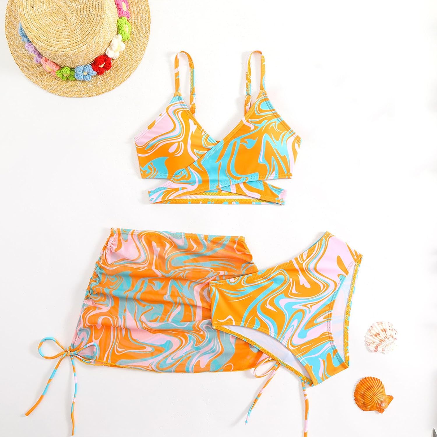 Girls 3 Piece Swimsuits with Cover Up Skirts Criss Cross Swim Bathing Suits Teen Adjustable Strap Beach Bikini Set Boho