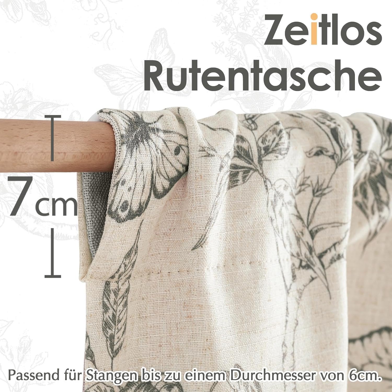Tenda TOPICK In Lino Con Stampa Floreale, Semitrasparente, Cm 125x40, Verde Su Beige, Per Cucina E Soggiorno - 3
