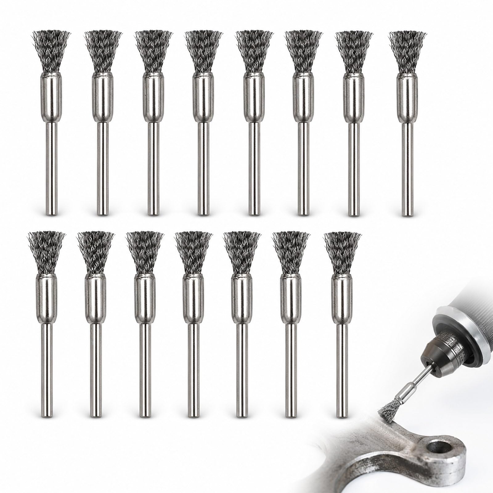 LKTFATD 15Pcs Stainless Steel Wire Brush Set, 3mm Shank Rotary Tool Brushes, Pencil/Cup/Mixed Types for Rust Removal, Paint Stripping & Polishing
