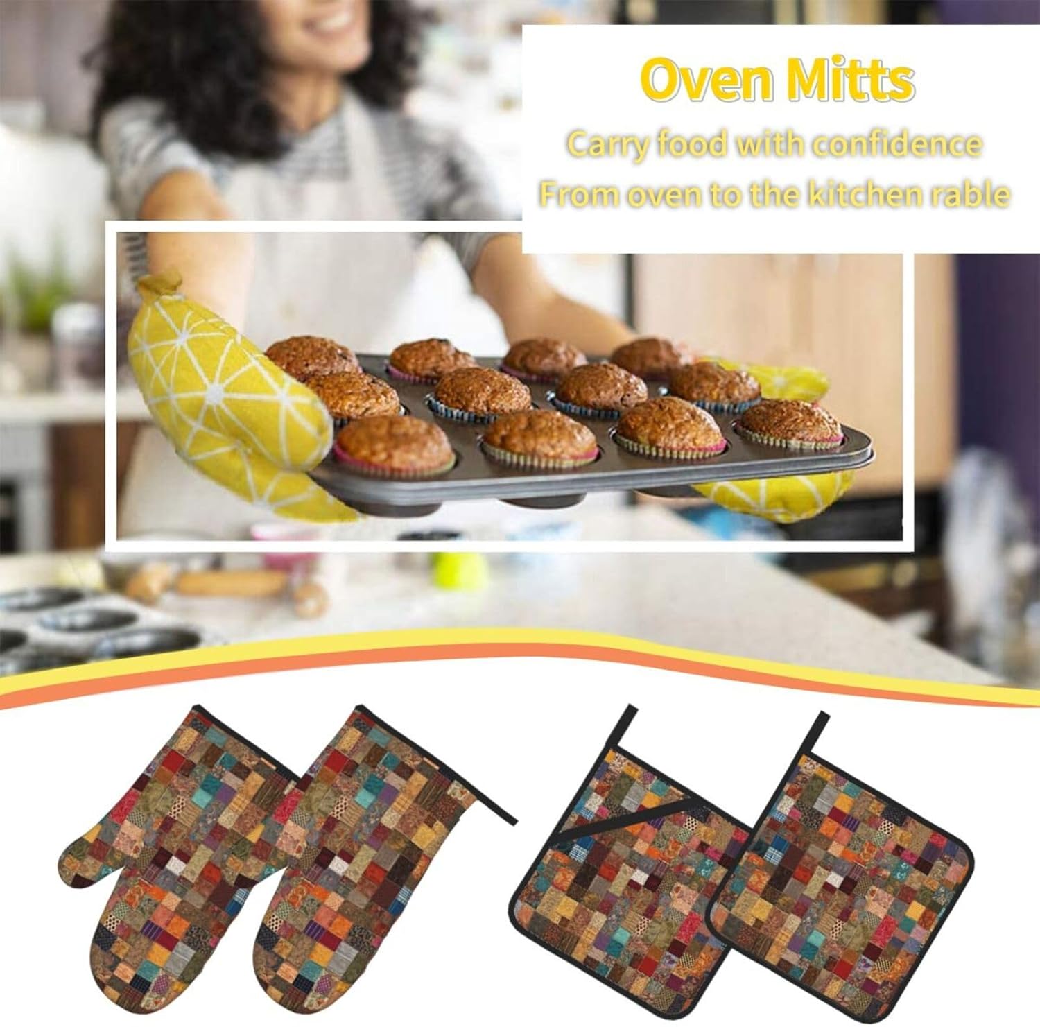 (African Style Patchwork) Baking 4-Piece Set: 2 Oven Mitts and 2 Pot Holders Heat Resistant Waterproof Hanging Loop for Kitchen Oven Grill Housewarming Gifts