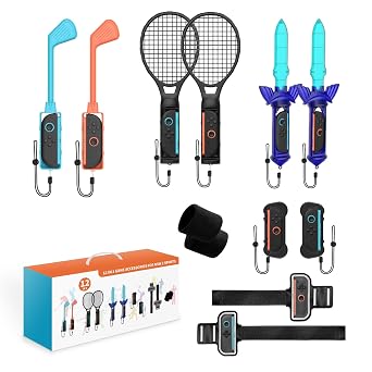 JDDWIN Switch 2 Sports Games Accessories Bundle, 12 in 1 Sports Accessories Kits for Switch 22025, Family Sports Party Pack with Tennis Rackets,Golf Clubs,Chambara Swords,Leg Straps & Joycon Grips
