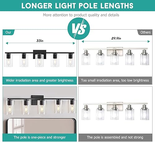 Miniatura 9 de DRNANLIT Luz de baño de 5 luces sobre espejo, modernas luces de tocador con vidrio transparente, accesorio de iluminación de baño de metal negro