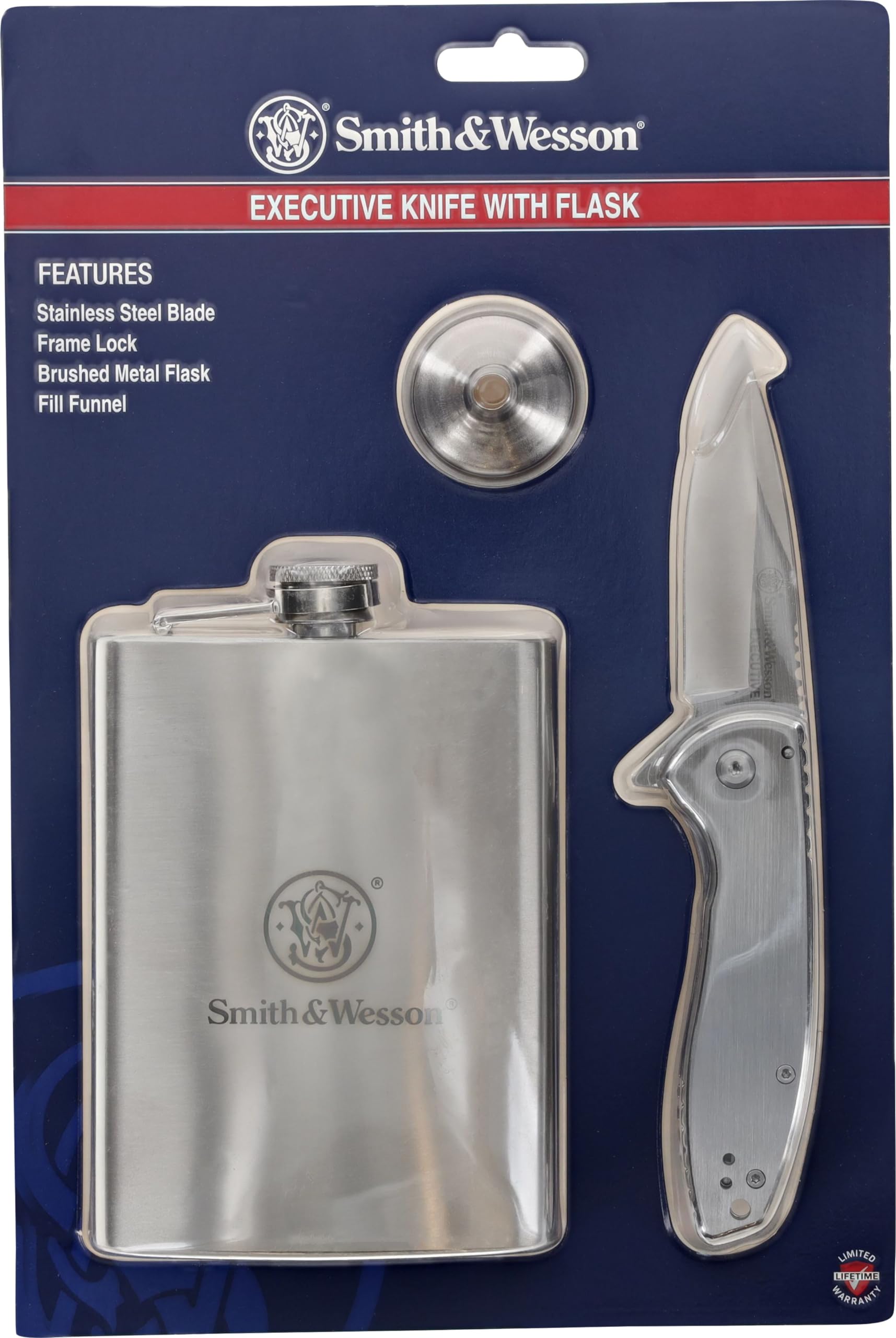 Executive Knife and 8oz. Brushed Metal Flask with Fill Funnel Gift Set