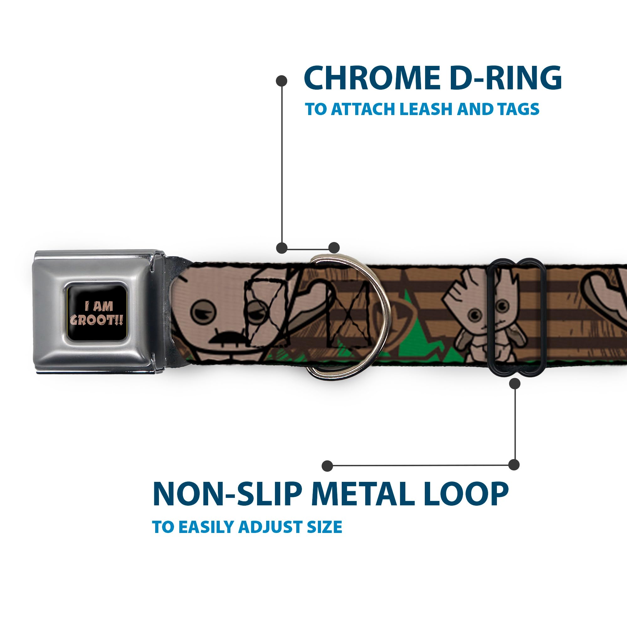Buckle-Down Hundehalsband Mit Groot-Motiv – Größe M, Sicherheitsgurt-Schnalle, Marvel