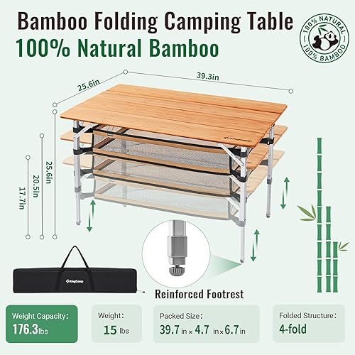 Miniatura 3 de KingCamp Silla plegable de gran tamaño para acampar, resistente 450 libras con mesa plegable de bambú, mesa de campamento ligera con capa de malla