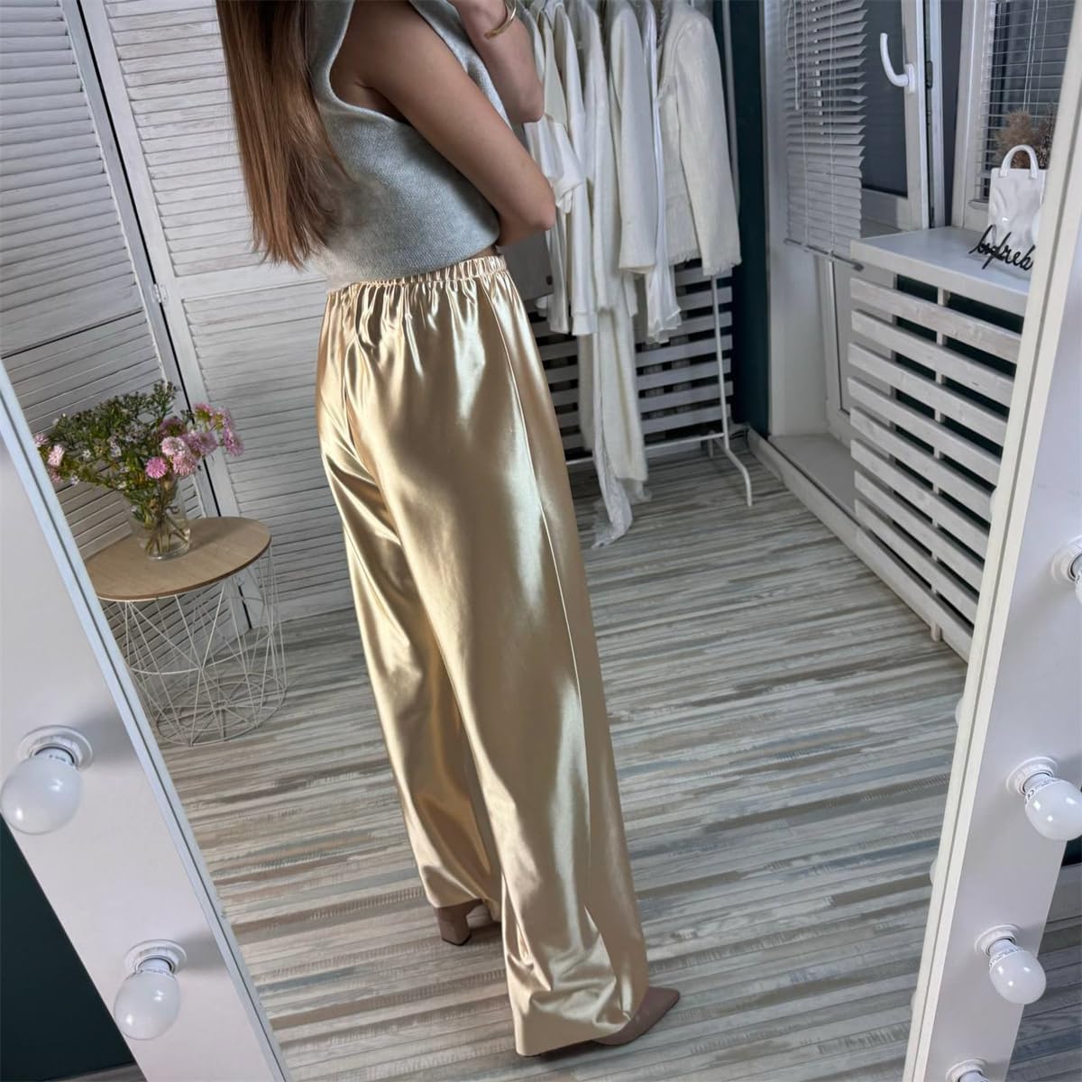 Women Satin Wide Leg Dress Pants Silk Casual Dressy Long Flowy Pants Elastic High Waisted Trousers - Image 7