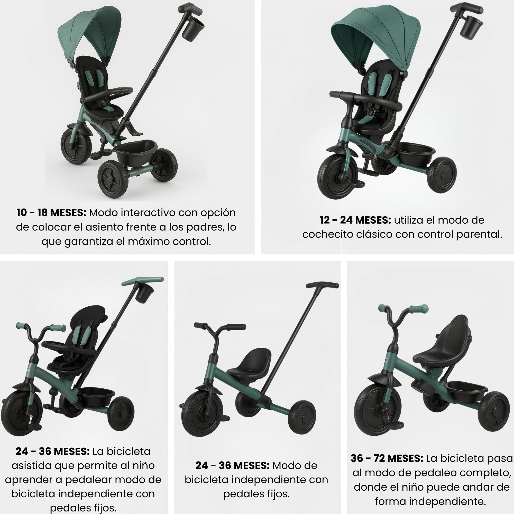 Qplay Triciclo Evolutivo Elite Platinum 6 en 1 con Asiento Giratorio 360° | Para Niños de 10 a 36 Meses – Control Parental, Capota XL, Reposapiés y Chasis Metálico – Colores Gris, Verde y Rosa (Verde)
