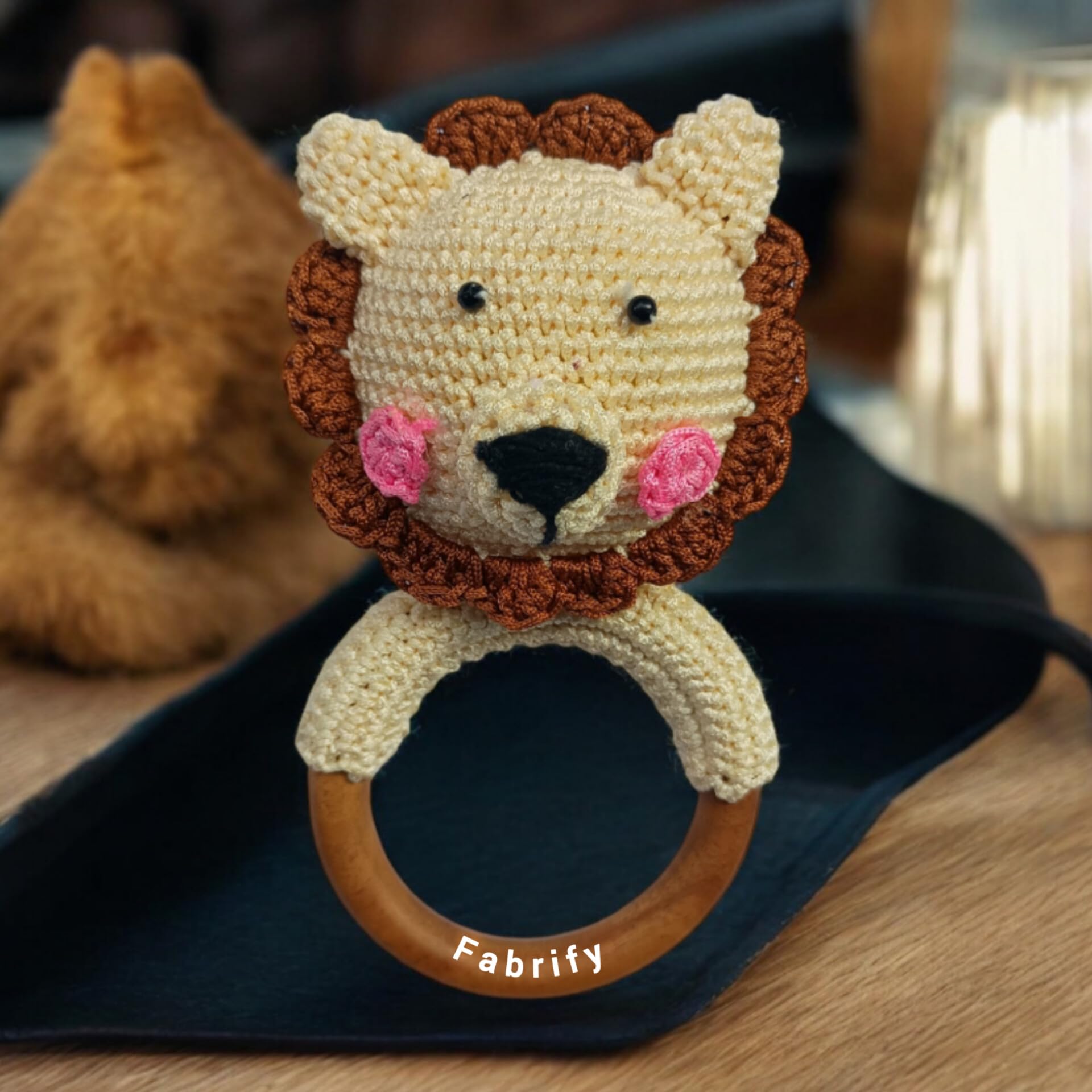 Crochet Animal Baby Wooden Chewable Teether Cum Rattle, Elephant (Lion)-image-12