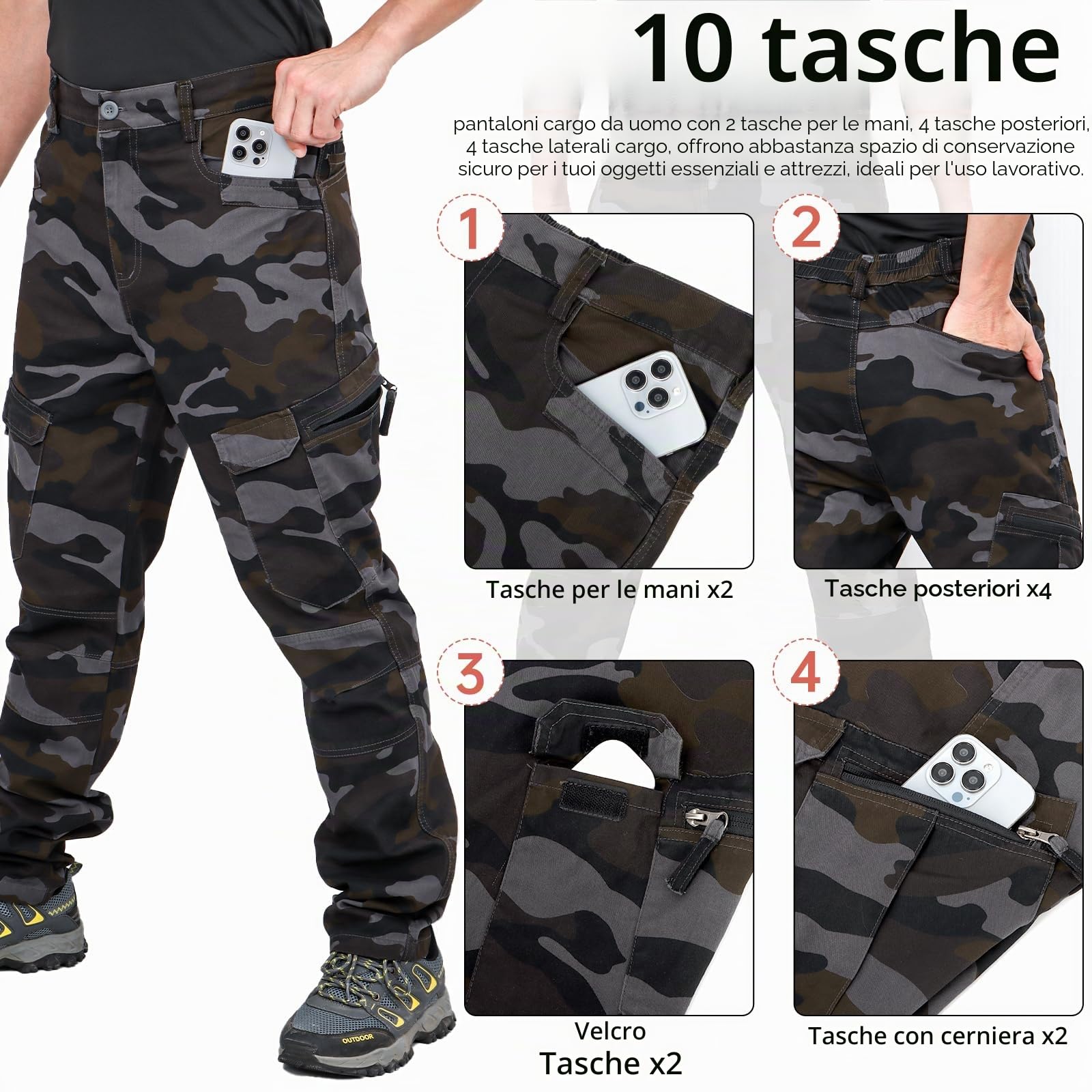 Pantaloni da Lavoro Cargo da Uomo, Pantaloni Casual da Esterno Mimetici in Cotone - Abbigliamento da Trekking da Campeggio con 10 Tasche