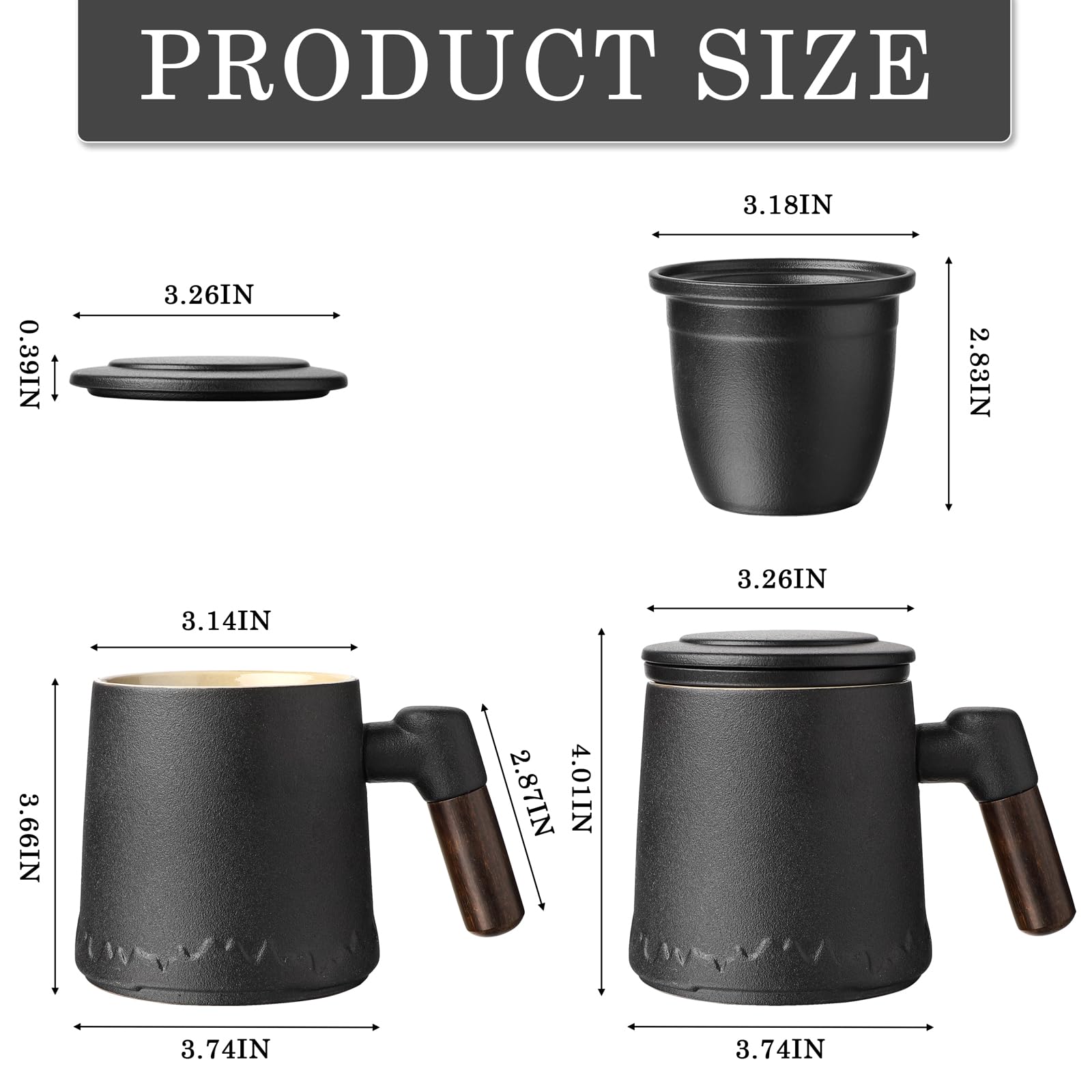 Teetasse mit Teesieb und Deckel 400ml Keramik Teebecher für grünen Tee Kaffeemomente (Schwarz)
