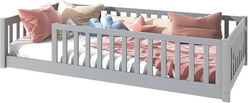 Miniatura 14 de Harper & Bright Designs Cama de suelo tamaño Queen con valla y puerta, marco de cama Montessori de madera para niños, niñas, listones incluidos, no