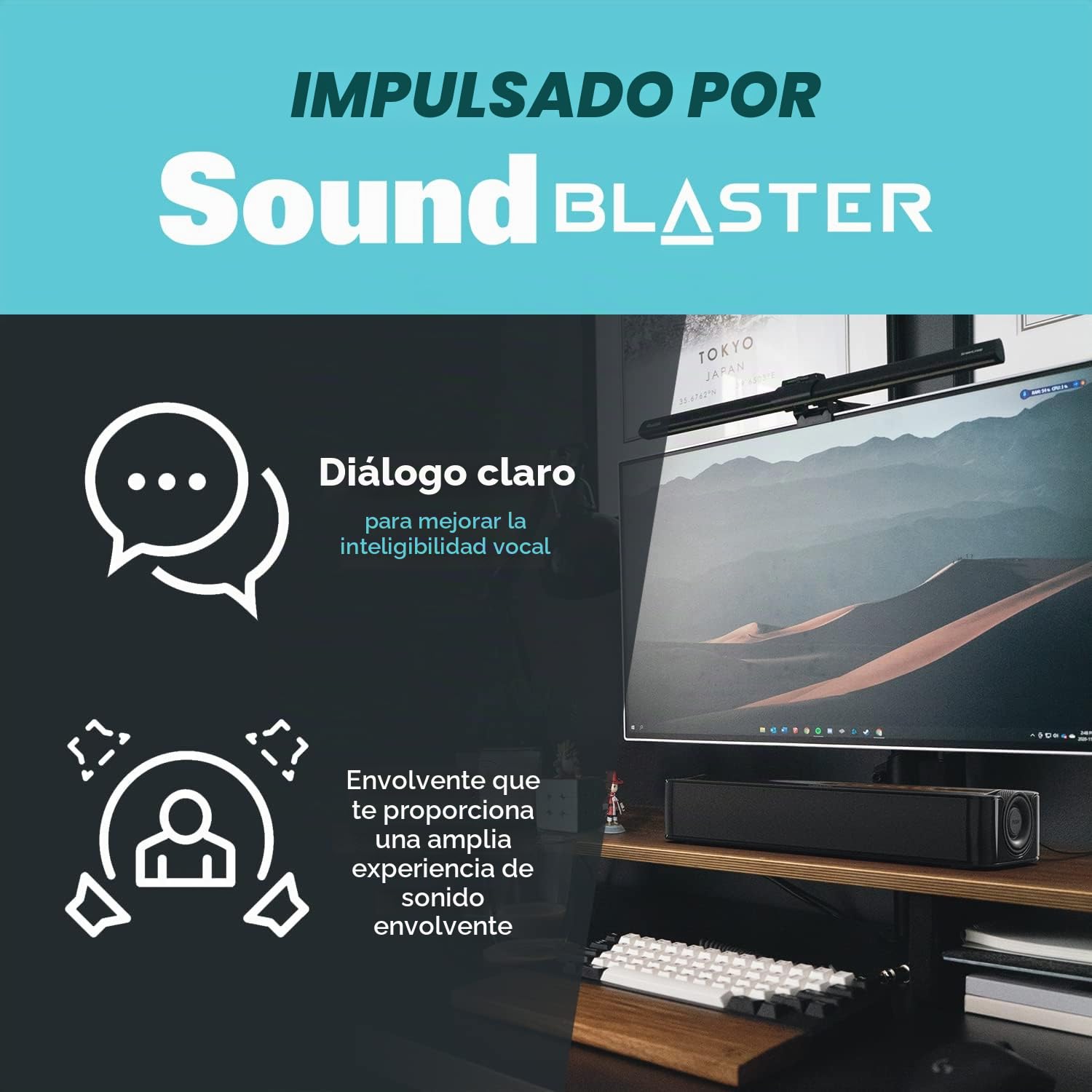 CREATIVE Barra de Sonido Stage SE Debajo del Monitor con Audio Digital USB y Bluetooth 5.3, diálogo Claro y Envolvente por Sound Blaster
