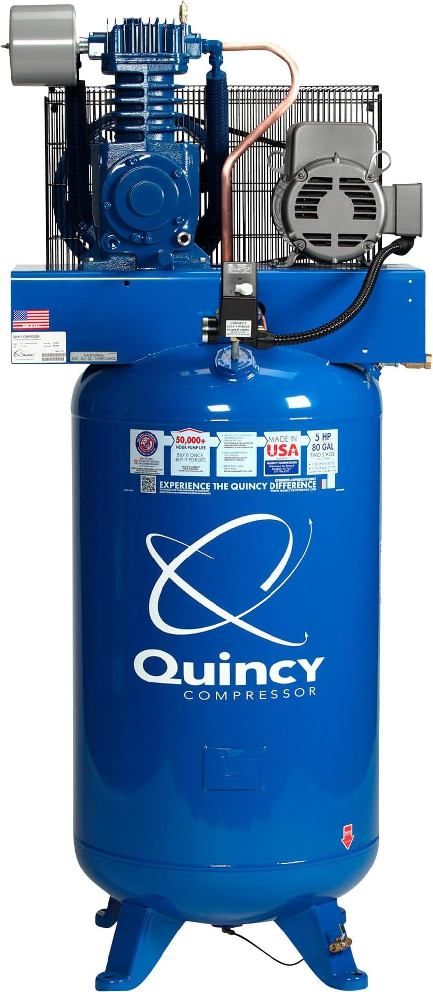 Quincy QT-5 Splash Lubricated Reciprocating Air Compressor - 5 HP, 230 Volt, 1 Phase, 80-Gallon Vertical, Model Number 251CP80VCB