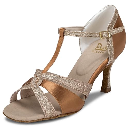 JIAJIA 20519 Damensandalen aus Satin mit ausgestelltem Absatz Latin Salsa Leistung Tanzen Schuhe