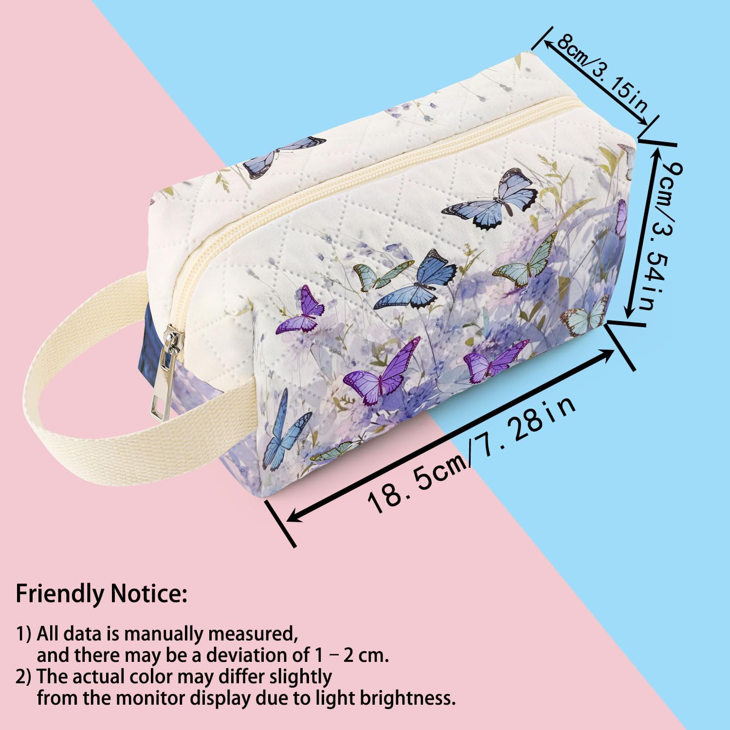 Purple Butterfly Printed Quilted Makeup Pouch for Women - Velvety Polyester Cosmetic Organizer w/Triple Compartments, Travel & Makeup Brush Holder - Image 2