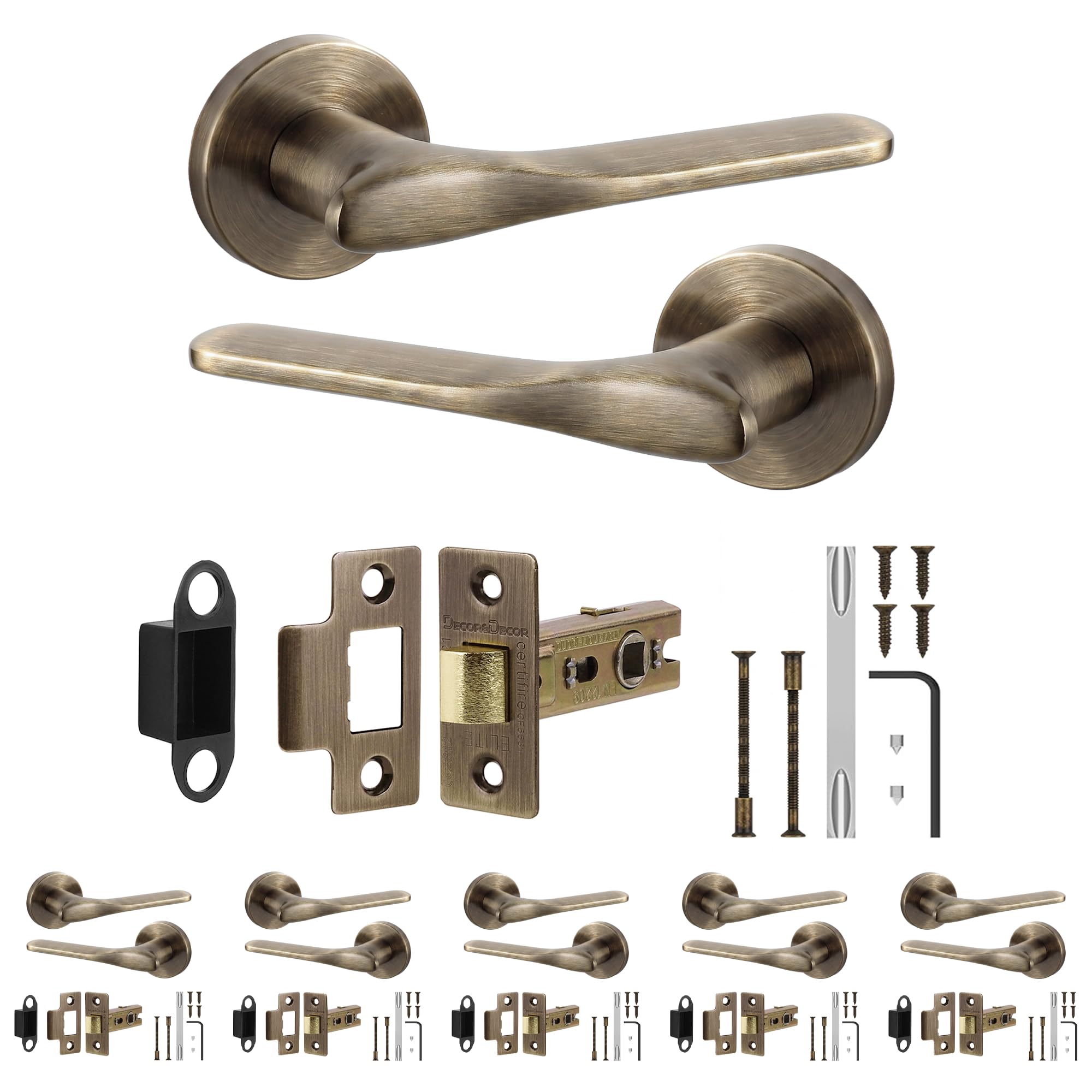 Decoranddecor Verita Antique Brass Door Handles, Latch Kit 76mm 6 Pack — image 1