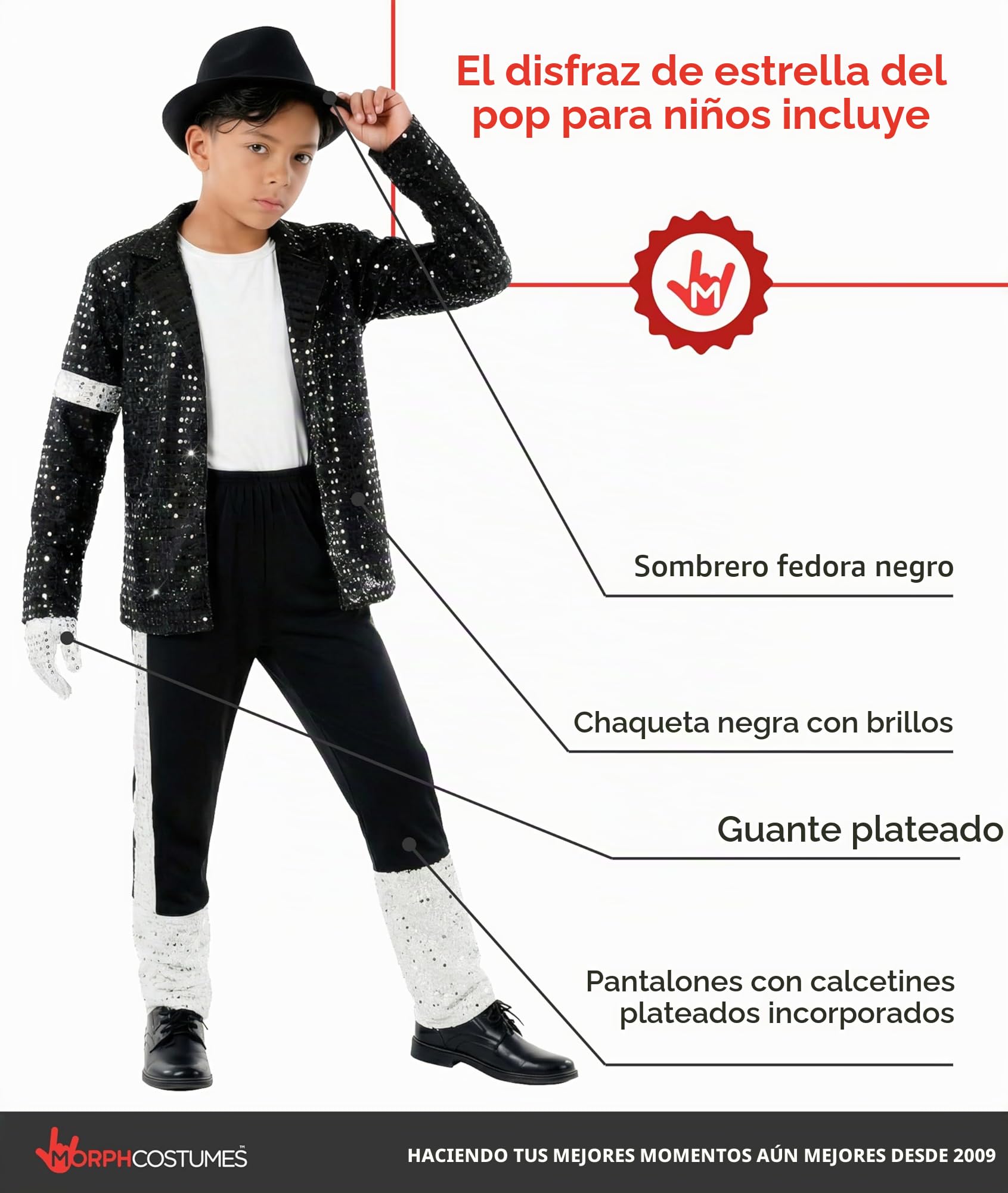 Morph Disfraz Estrella Pop Años 80 Niño, Disfraz Halloween Niño