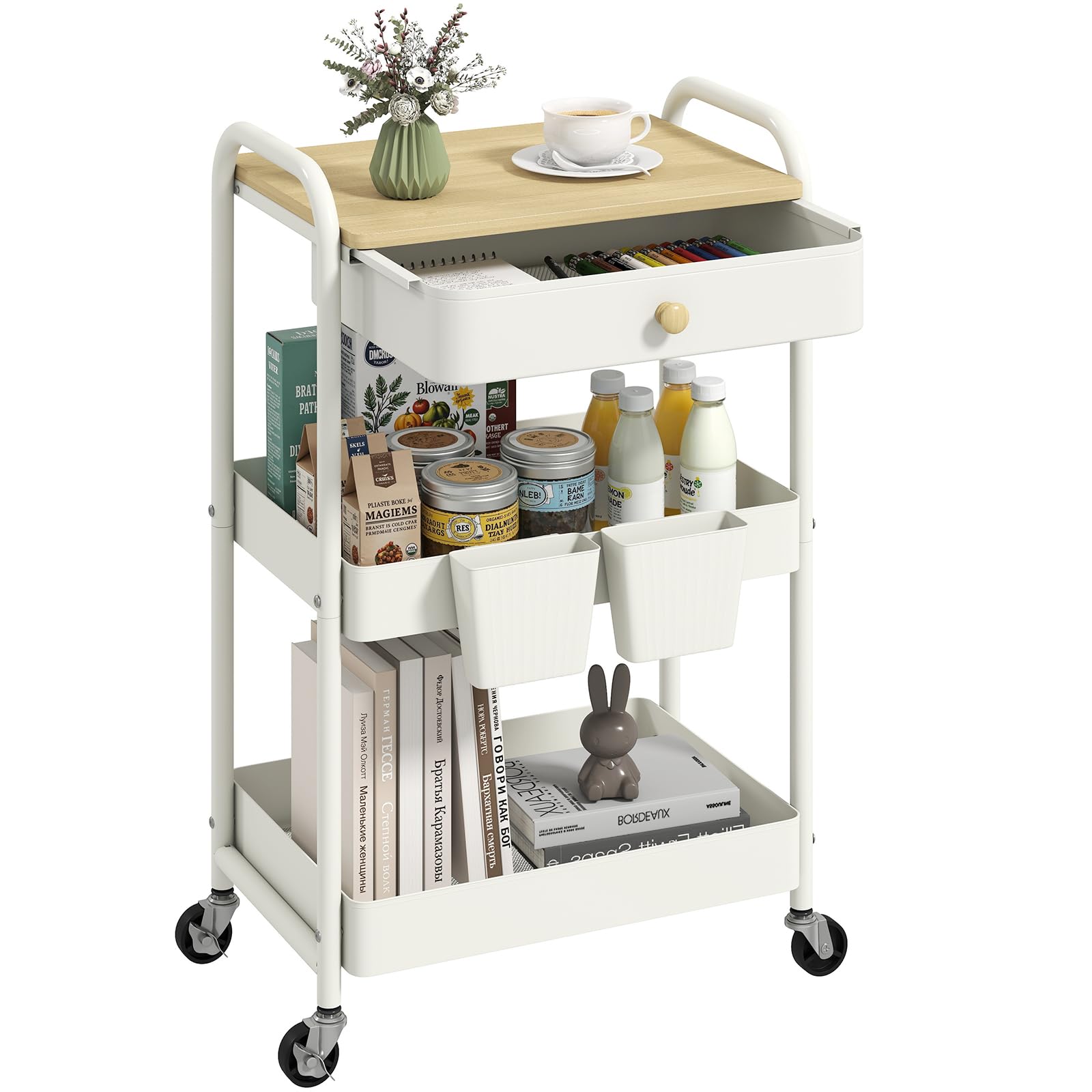 danpinera 3 Tier Rolling Cart, Metal Utility Cart with Wooden Table Top & Drawer, Rolling Carts, Storage Cart with Hanging Cups for Kitchen, Bathroom, Office