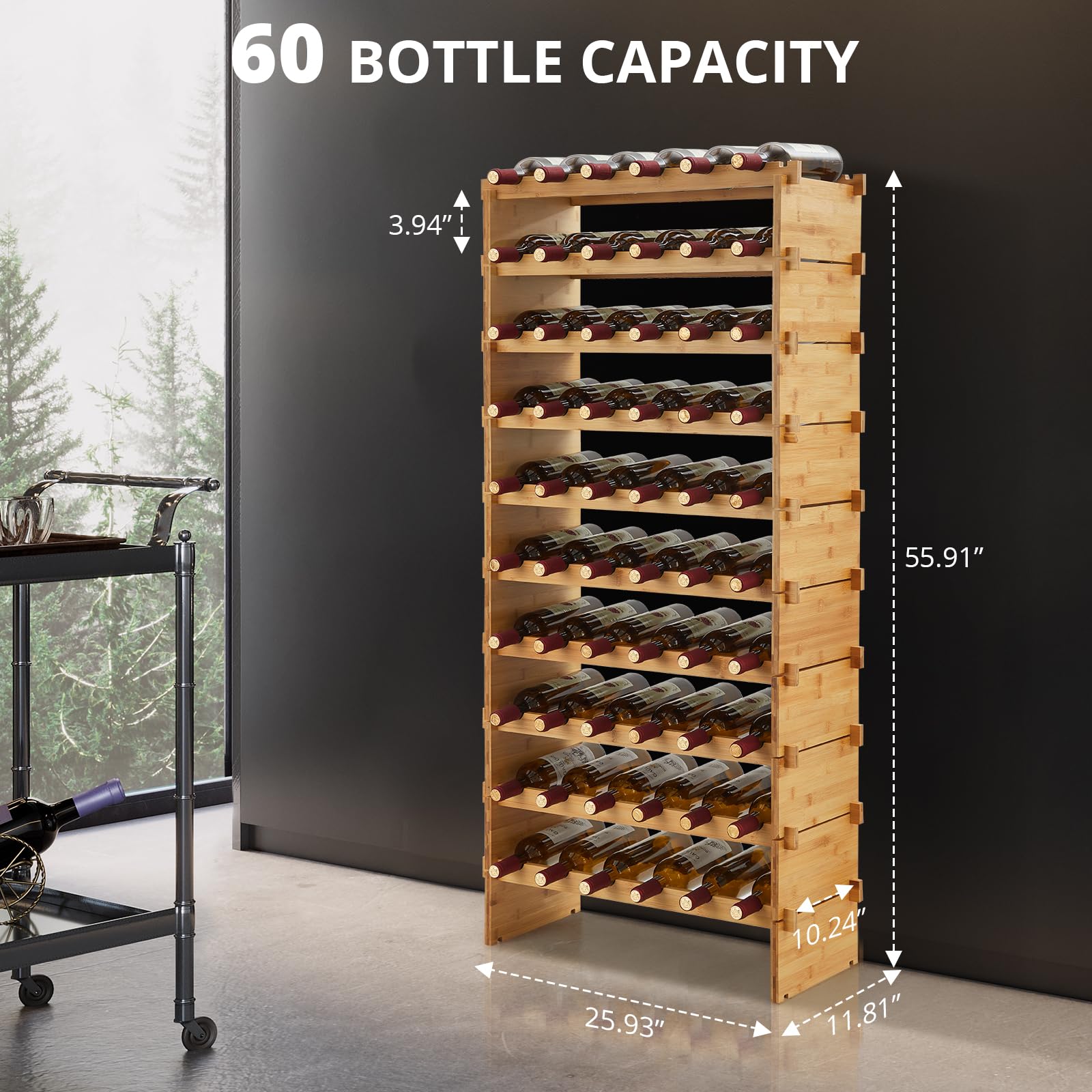 Weinregal Bambus Design – Stapelbarer Flaschenständer für 60 Flaschen, AA-Qualität, Ohne Schrauben, Platzsparend – Ideal für Keller, Bar, Küche & Esszimmer