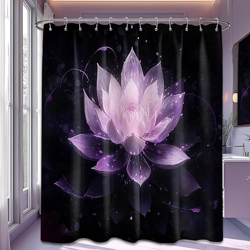 Miniatura 63 de Cortina de ducha negra y dorada con flores de loto amarillo dorado para juegos de decoración de baño, tela impermeable con ganchos, 70 x 72 pulgadas