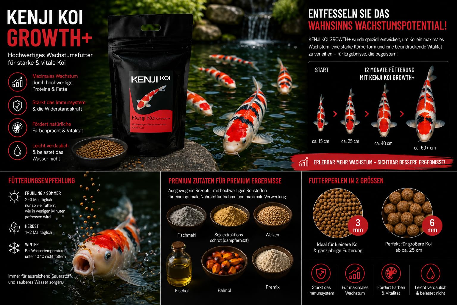 Growth+ Koifutter 5kg 6mm Wachstumsfutter für den Koi, Schwimmendes Koifutter mit hochwertigen Proteinen, Optimal für jeden Tag: Fördert den Muskelaufbau der Koi