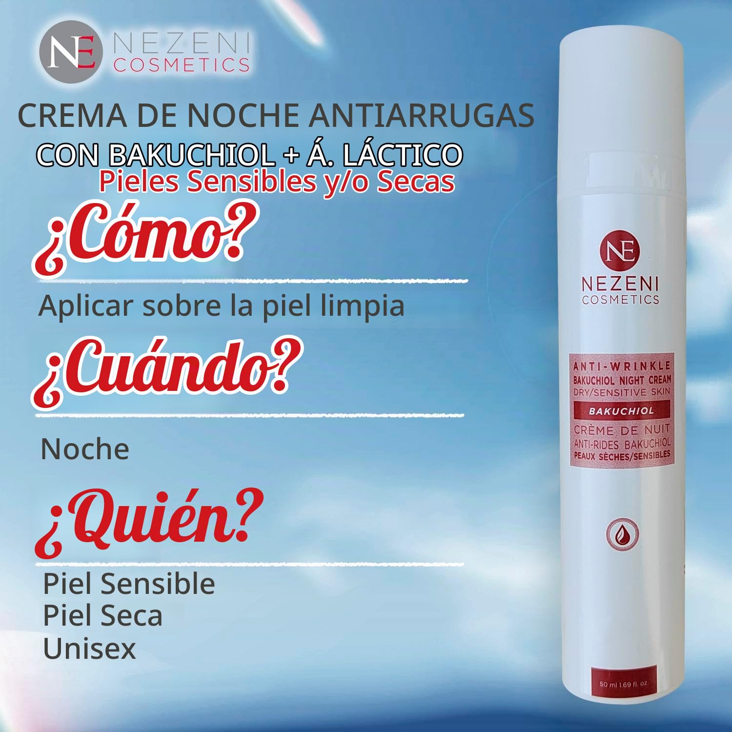 Nezeni Crema Noche BAKUCHIOL 3% Antiarrugas Mujer/Hombre 26 Activos | Rellenador Arrugas Profundas | Crema Antiarrugas Noche Reafirmante Cara, Cuello y Escote | Piel Seca y/o Sensible