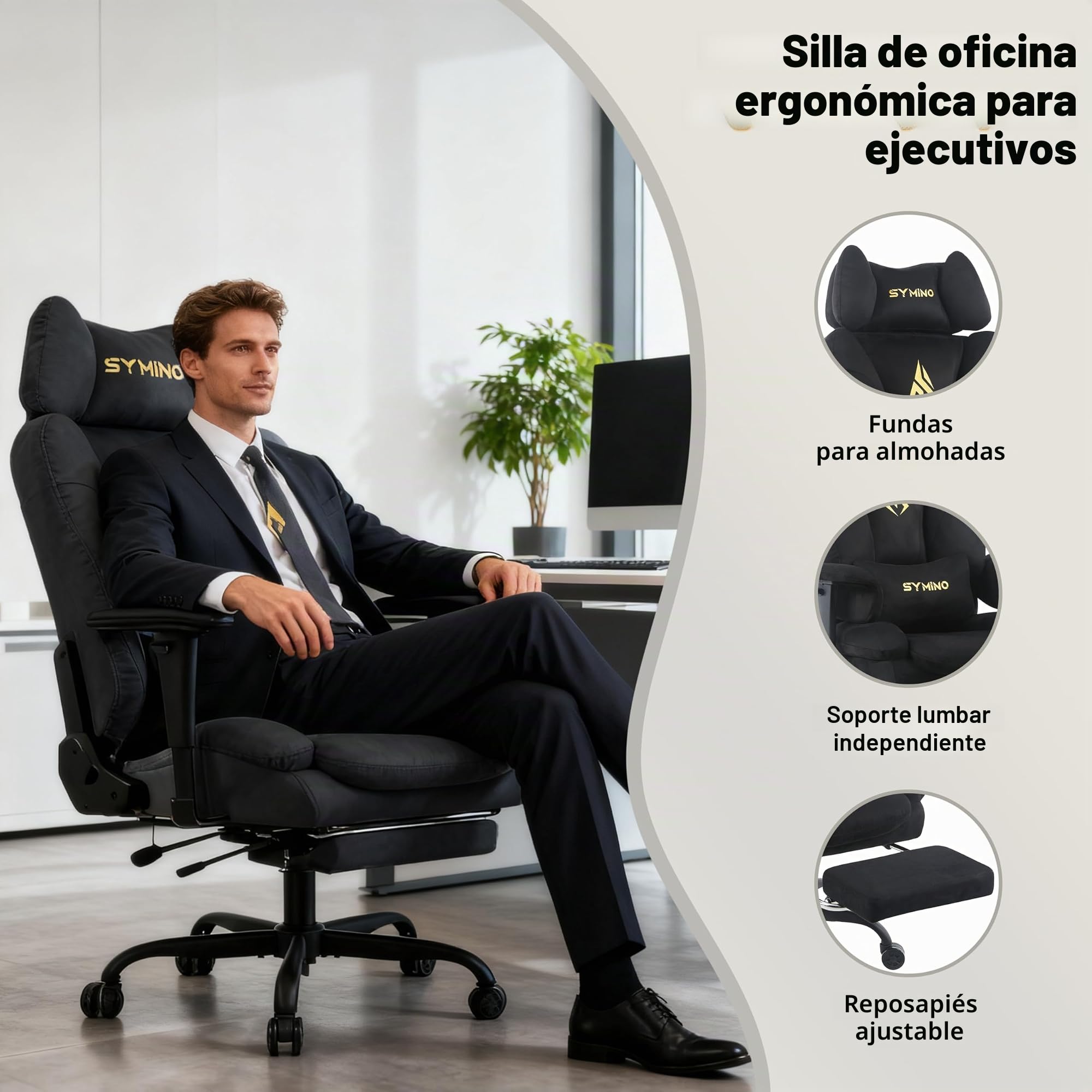 Symino Silla Gaming Ergonómica con Reposapiés - Silla Gamer de Oficina Reclinable 90-155° con Reposabrazos Ajustable - Adultos hasta 130kg (Negro)