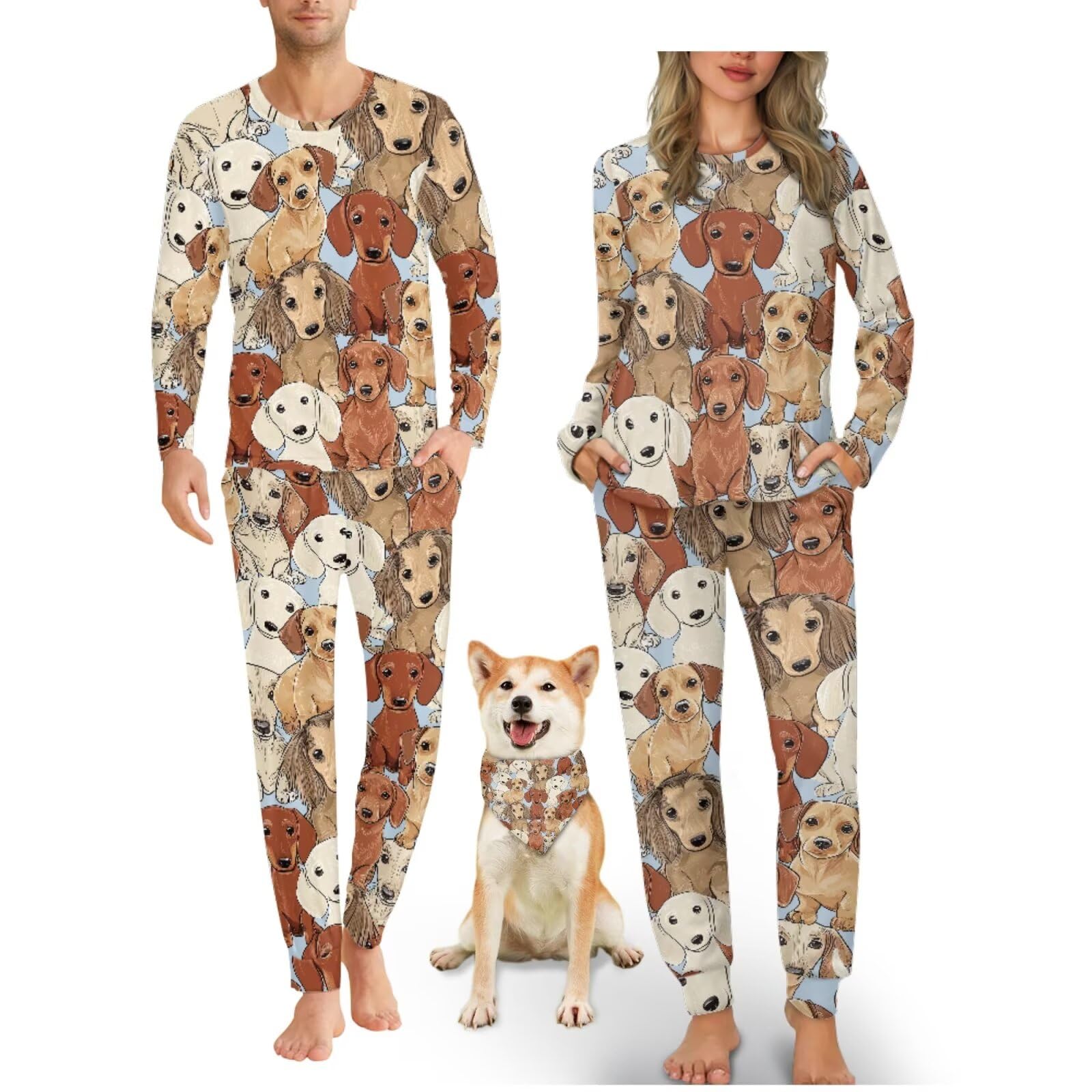 COEQINE Pijamas familiares con bandana para perro, camisones de manga larga para mujer, conjuntos de pijamas a juego, conjunto de descanso para parejas