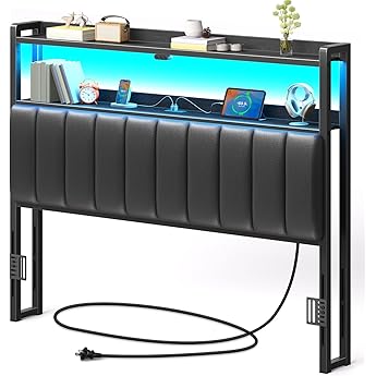 Rolanstar Headboard for Twin Size Bed with Storage, 60,000 DIY Color of LED Light, Head Board with USB & Type C Port, Height Adjustable, Black Upholstered Cabeceras de Cama Comfortable Modern, Leather
