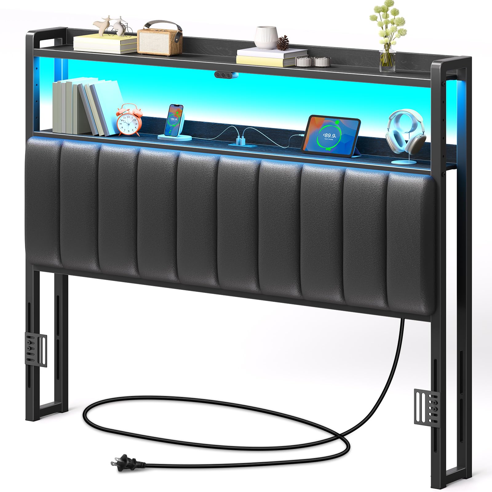 RolanstarDouble Headboard with Storage Space, 60,000 Colours, DIY LED Light Headboard with USB and Type C Connector, Height Adjustable, Cabeceras de Cama Padded Black Comfortable