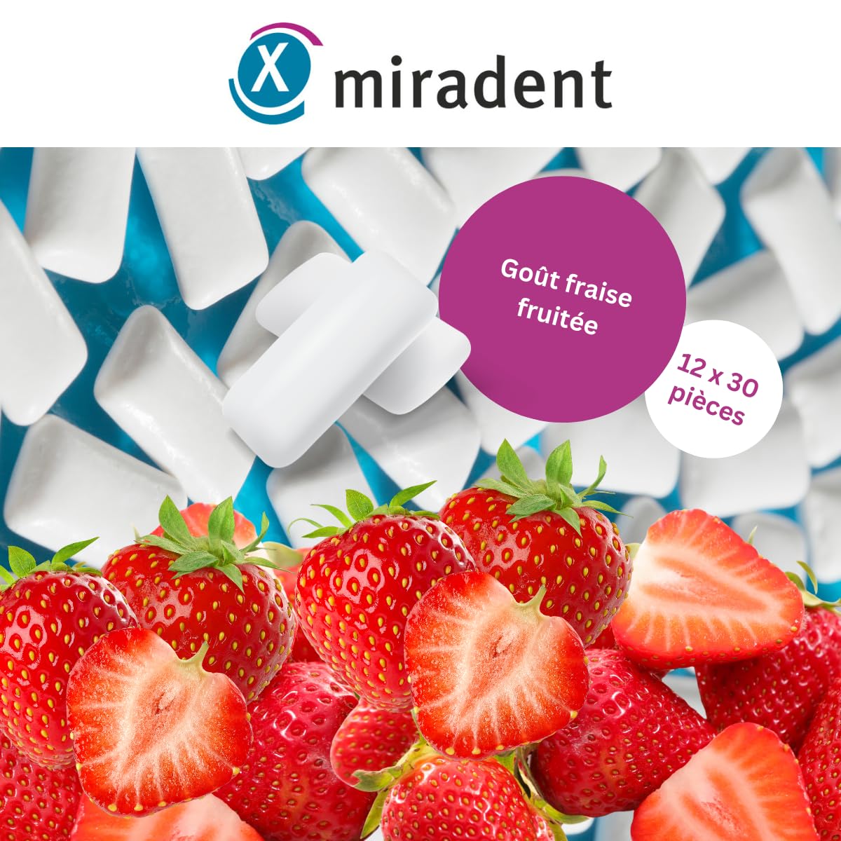 miradent Chewing-gum dentaire au xylitol Fraise | 12 pcs | goût fruité | sans sucre | vegan | prévient les caries | idéal à emporter